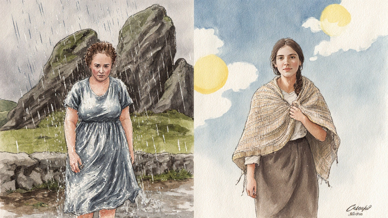 Split scene: tourist in soaked polyester looking uncomfortable vs. local in breathable linen calm under sun.