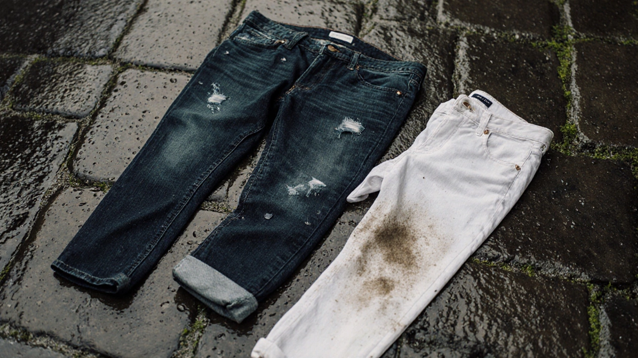 Three pairs of jeans on wet stone path, dark wash sharply focused while light and skinny jeans blur in rain.