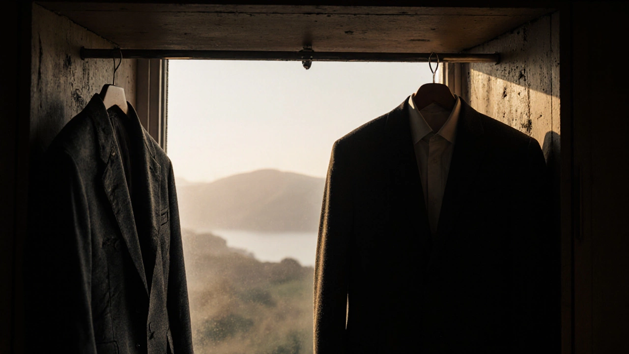 Two suits hang in a wardrobe—one worn and faded, the other pristine—against a misty Irish landscape.