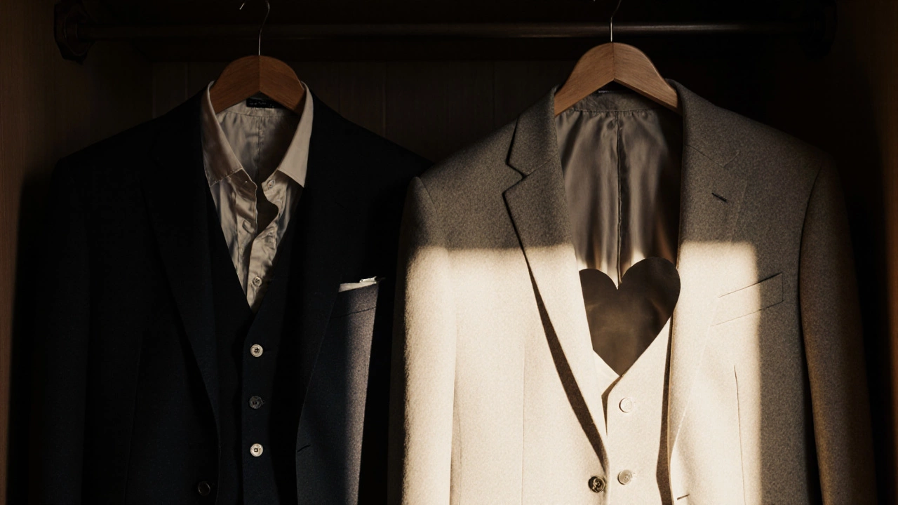 Two suits on a hanger: one worn and cheap, the other elegant and timeless, in a dim Irish closet.