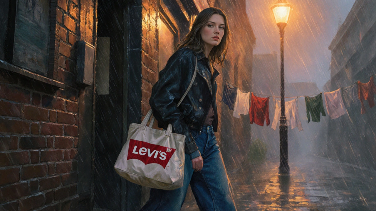 Woman exiting a thrift store in Galway with vintage denim jeans, surrounded by mist and wet brick walls.