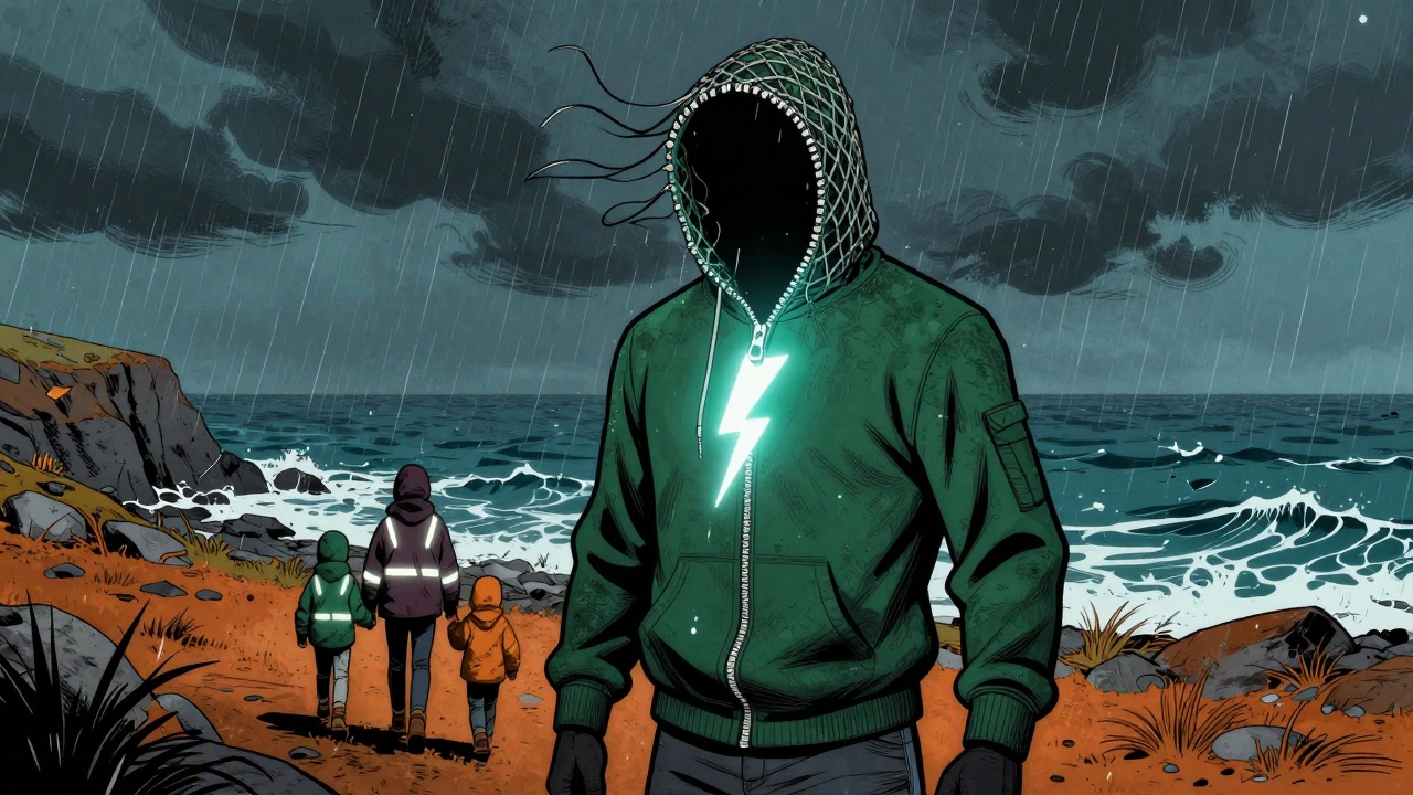 A heroic zippered hoodie stands against a stormy coast, hood reinforced with fishing nets, shielding a family on the Wild Atlantic Way.