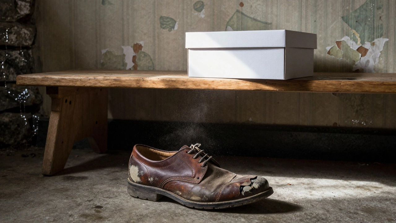 A moldy shoe on a damp basement floor beside a well-protected boxed pair on a wooden shelf.