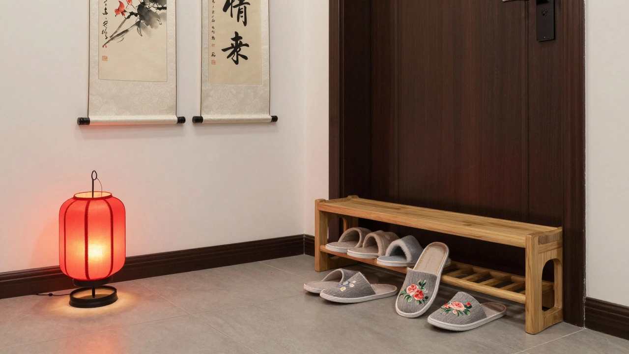 A person stepping into embroidered Chinese cotton slippers at a home entrance with soft lantern light.