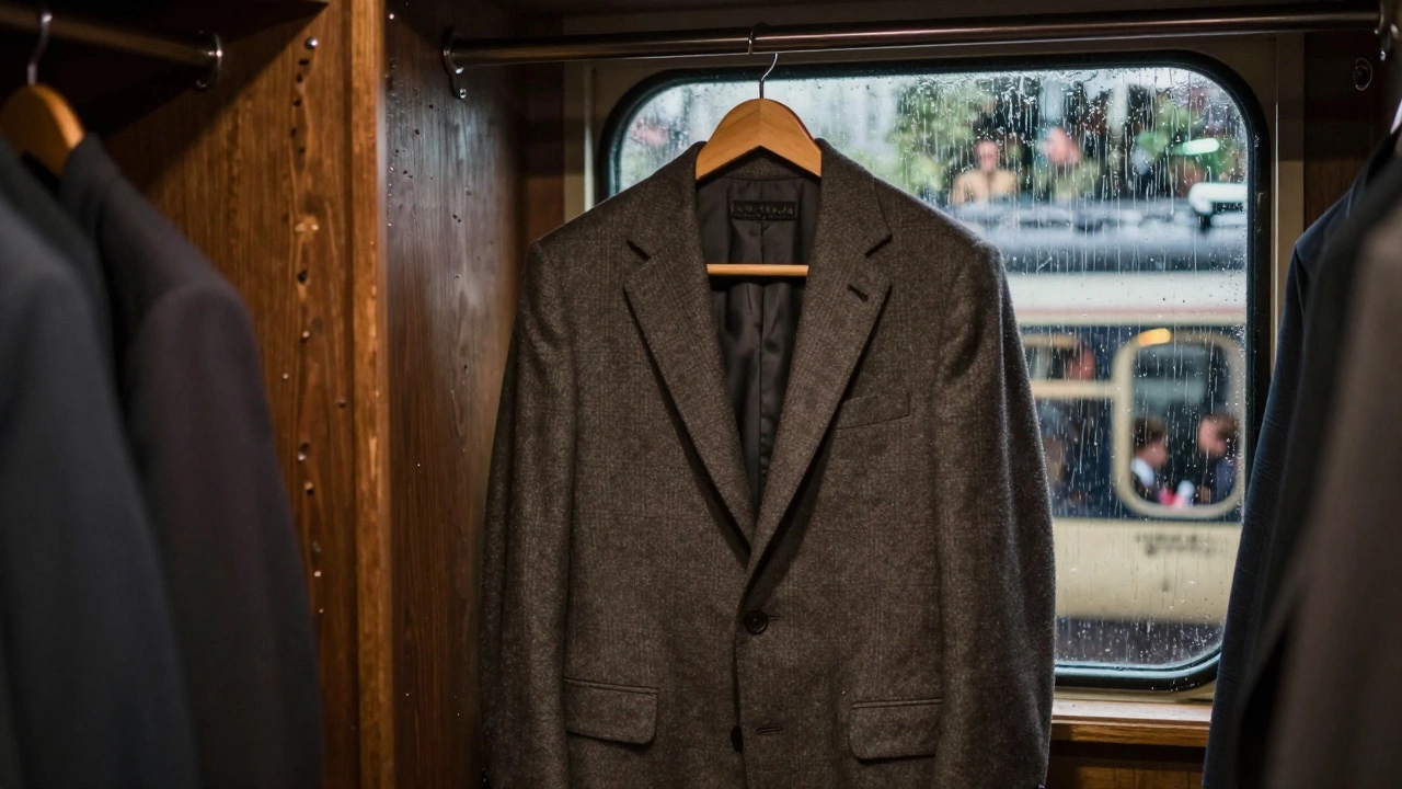 A single Irish-made suit hanging in a closet, with blurred scenes of pub, wedding, and train windows behind it.