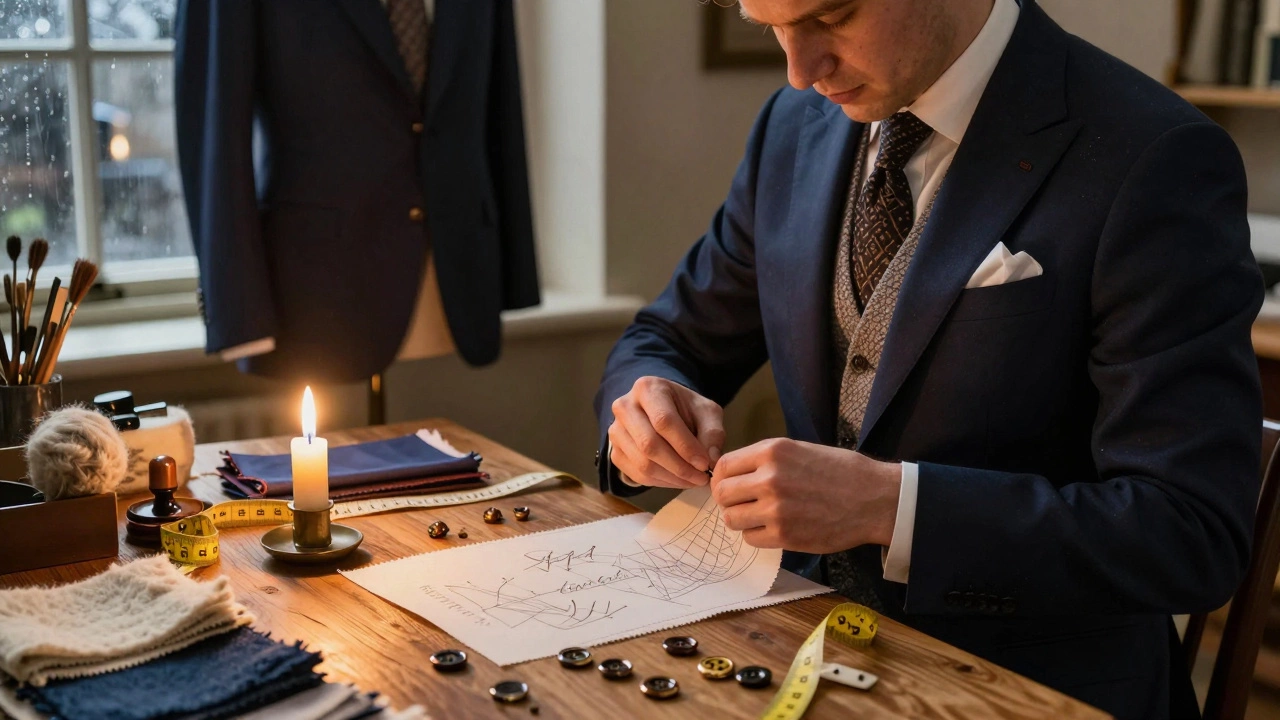 A tailor&#039;s hands stitch a navy suit lapel in a warm, candlelit Galway workshop with wool fabrics and horn buttons nearby.