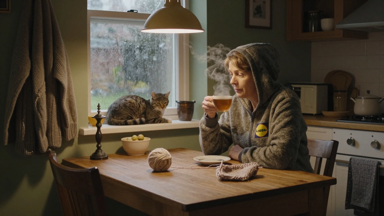 A woman in a zippered hoodie sips tea in a cozy Irish kitchen, steam rising, rain streaks the window, wool sweaters nearby.