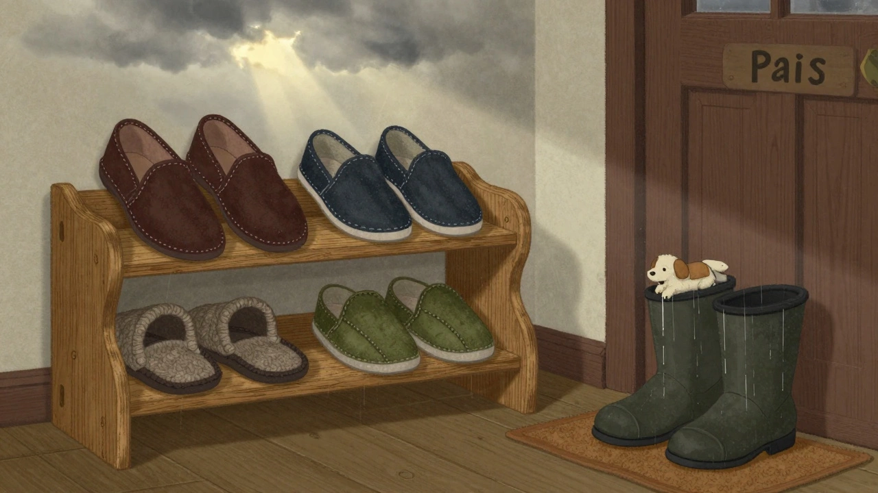 A wooden shelf with labeled pairs of dark slippers for family and a dog, near a door with rain-soaked boots.