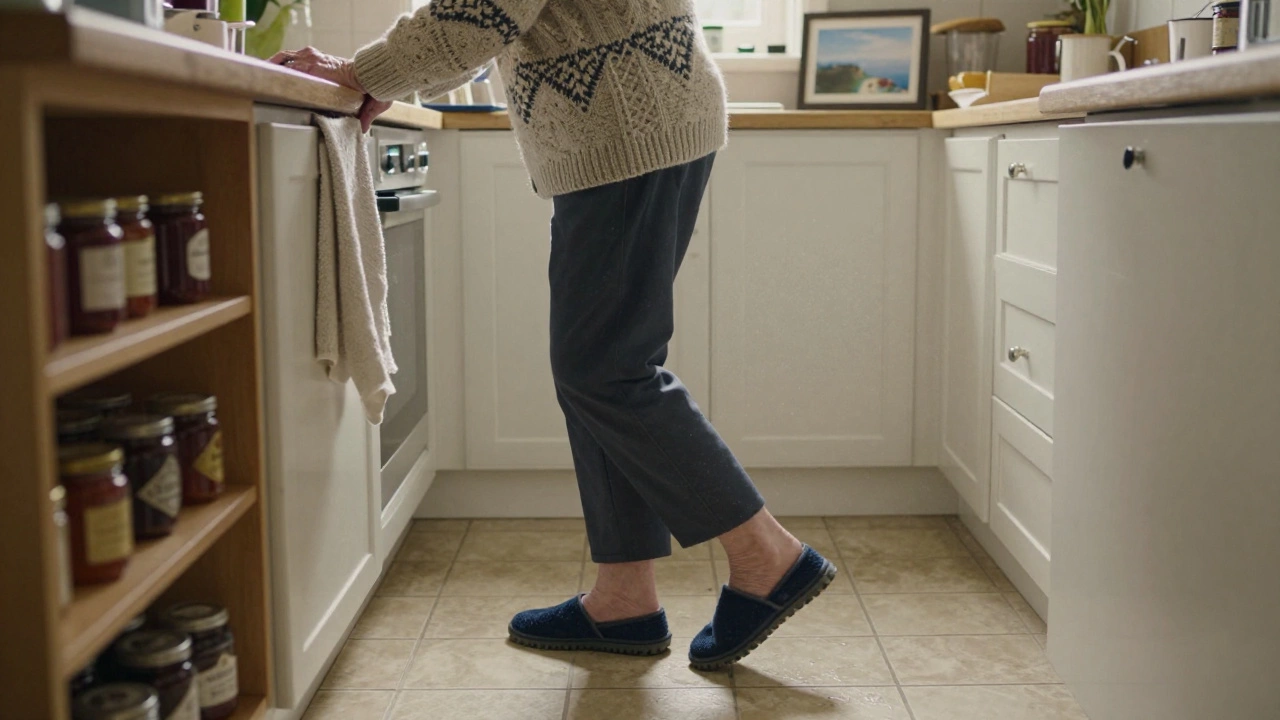 An elderly woman in an Aran sweater walking carefully on a wet kitchen floor in navy slipper with grippy soles.