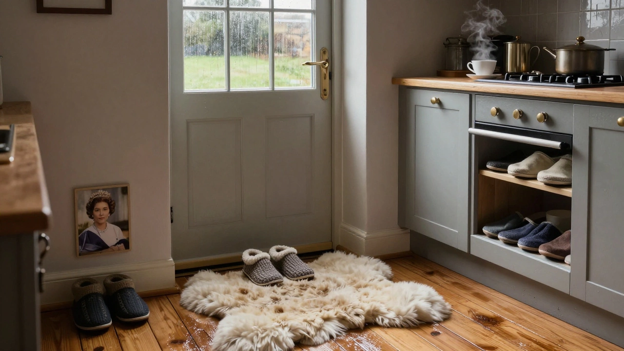 Cozy Irish kitchen with hand-made slippers by the door, steam from tea, rain on the window.