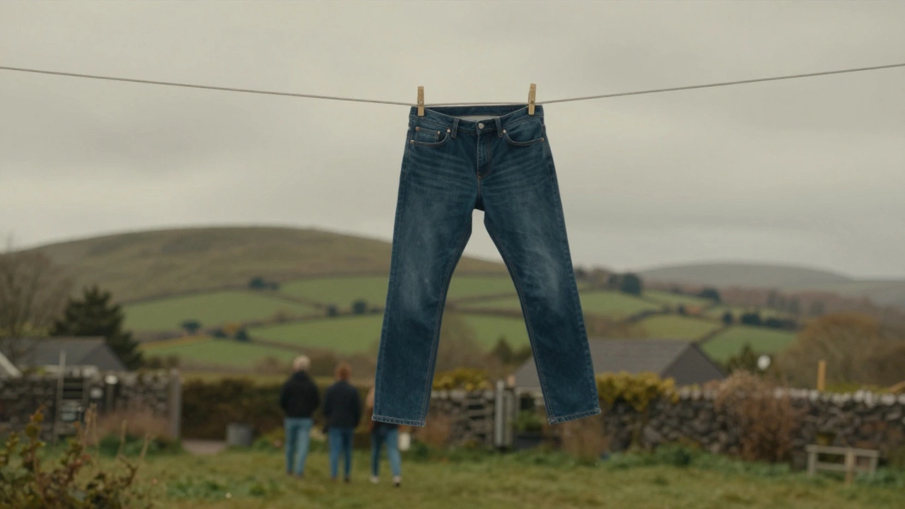 Dark blue jeans hanging on a clothesline in Dublin, swaying under grey skies with hills in background.