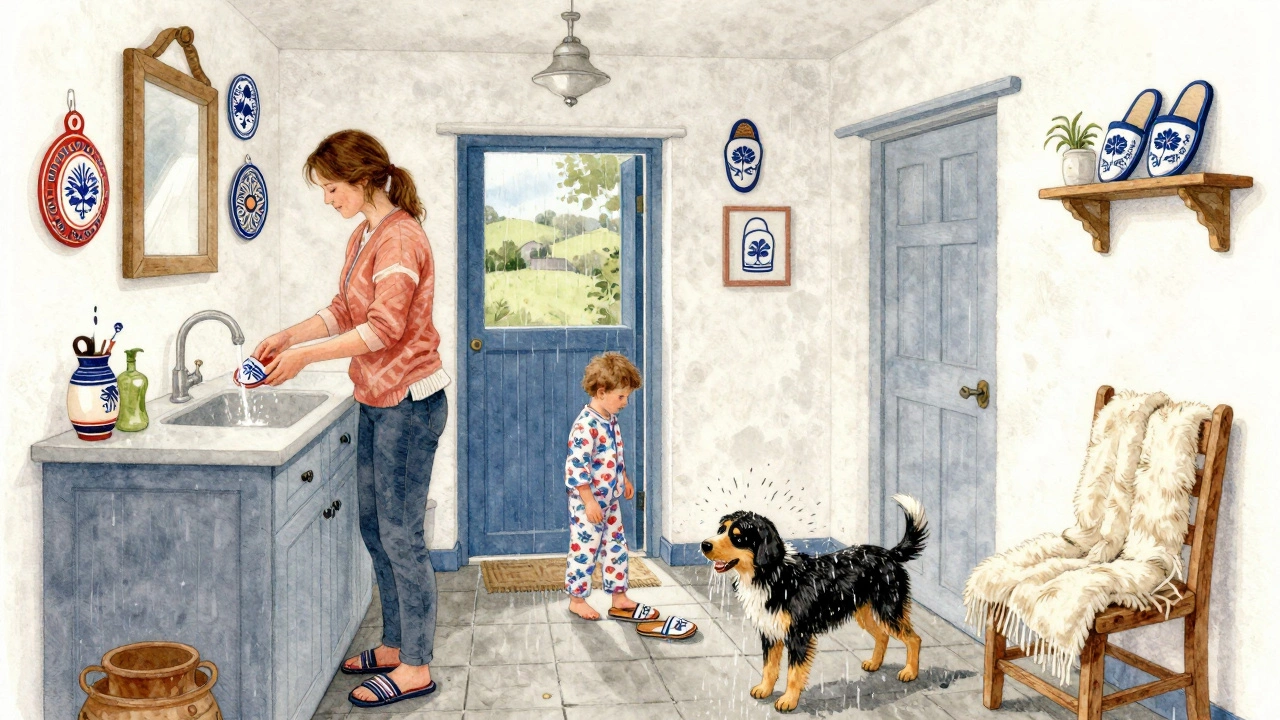 Family in a Galway cottage stepping into Hawaii slippers with Claddagh designs, rain outside.