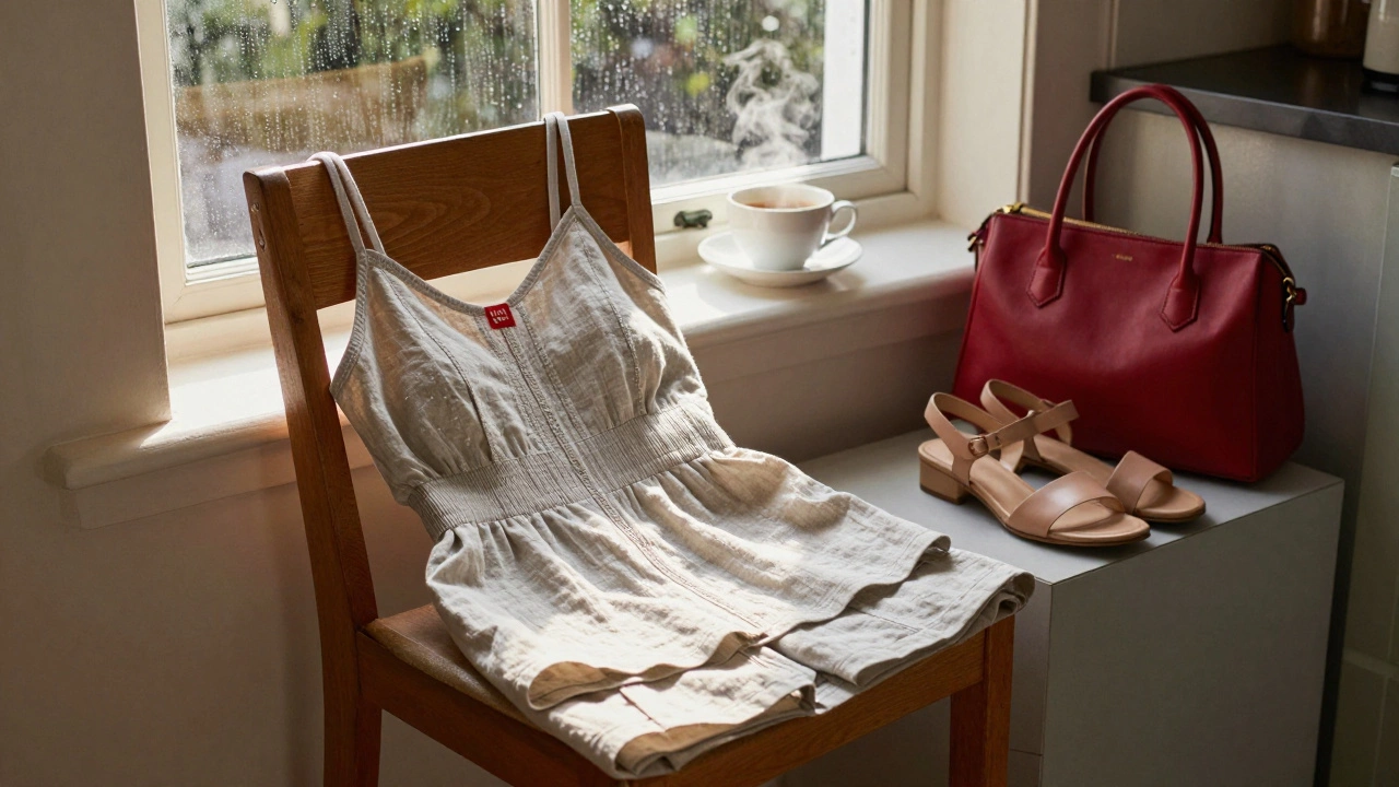 Folded linen summer dress and seamless cami beside nude sandals and a red handbag on a Dublin windowsill.