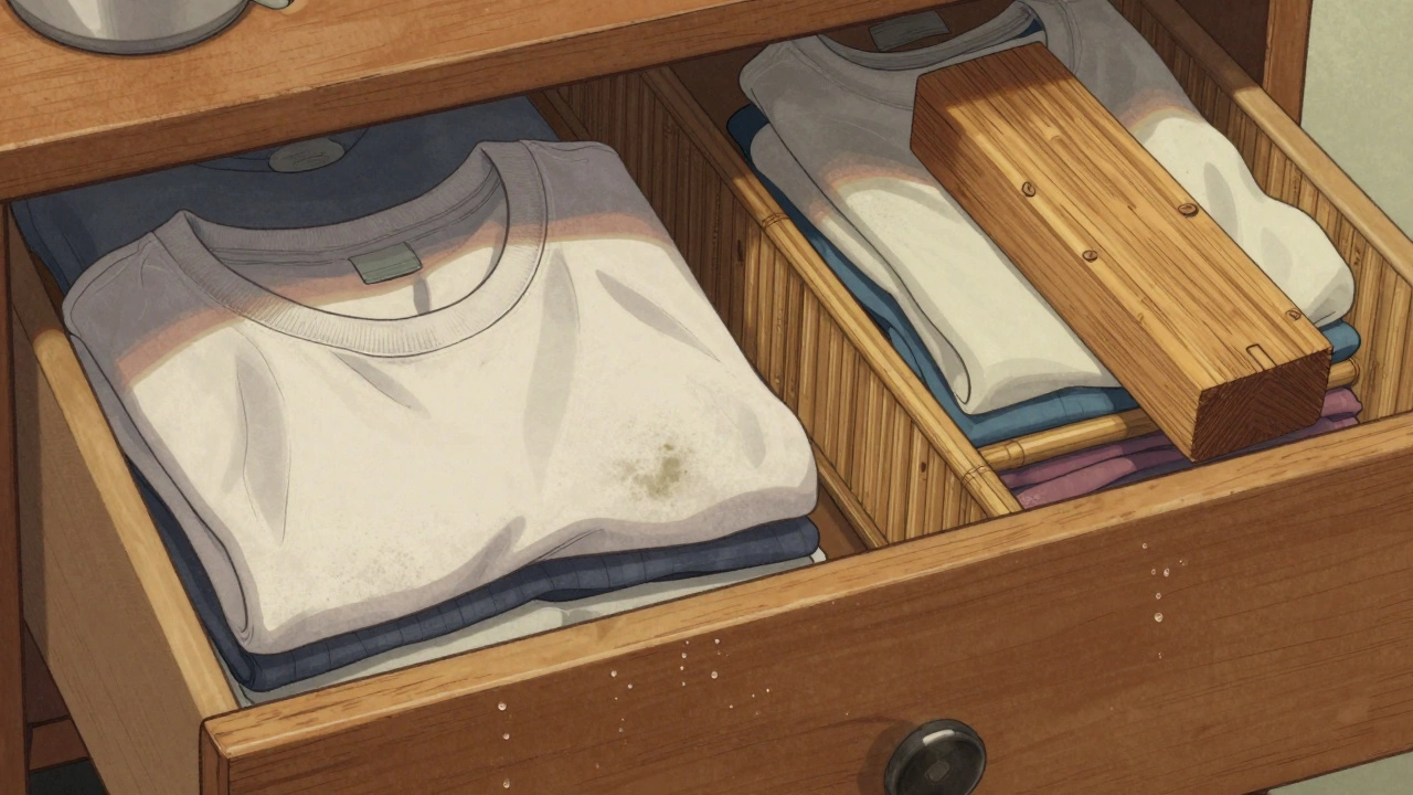 Folded t-shirts in a cluttered Irish drawer with mildew spots and bamboo dividers, under dim lighting.