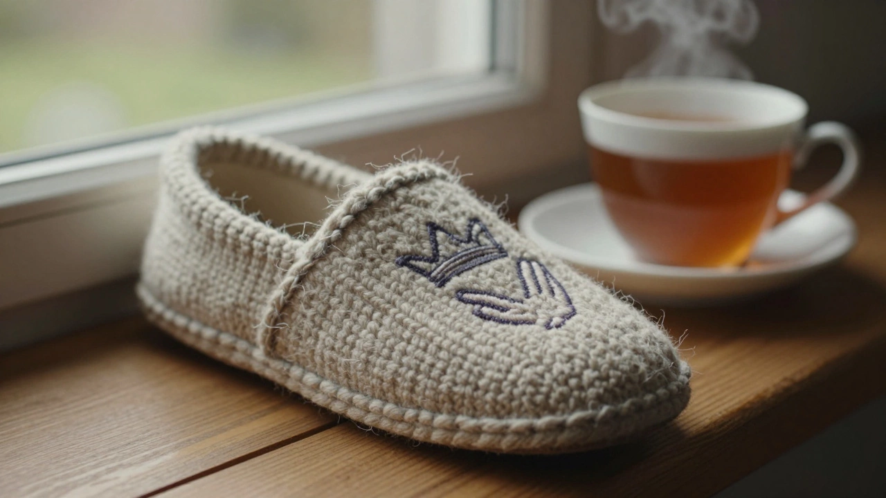 Hand-stitched Irish Claddagh slippers with heart and crown embroidery resting on a windowsill.