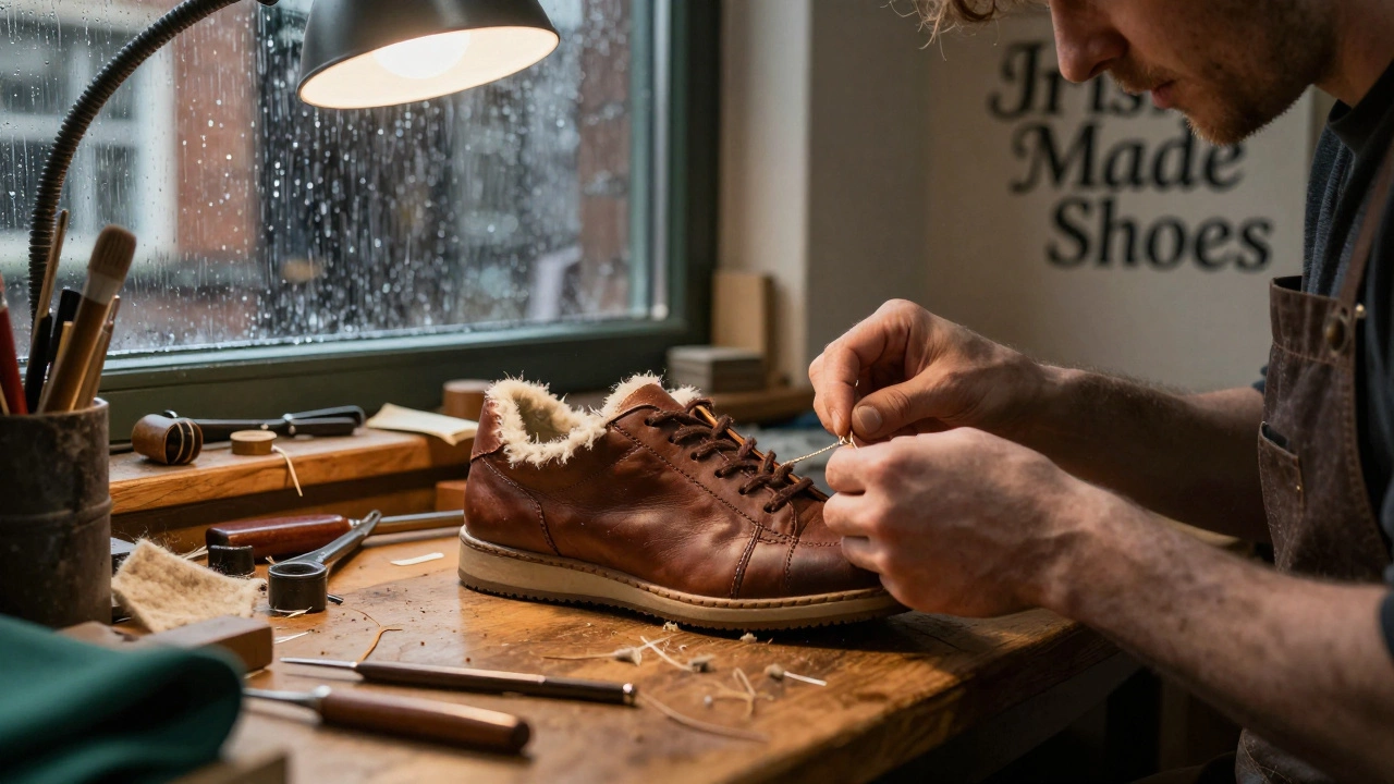 Handmade Irish trainer being stitched with recycled wool in a small Dublin workshop.
