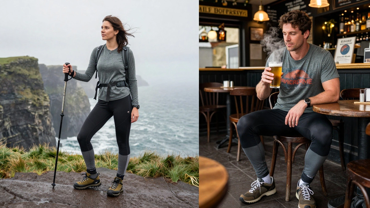Hiker on Cliffs of Moher in activewear, same person later in pub wearing casual clothes.