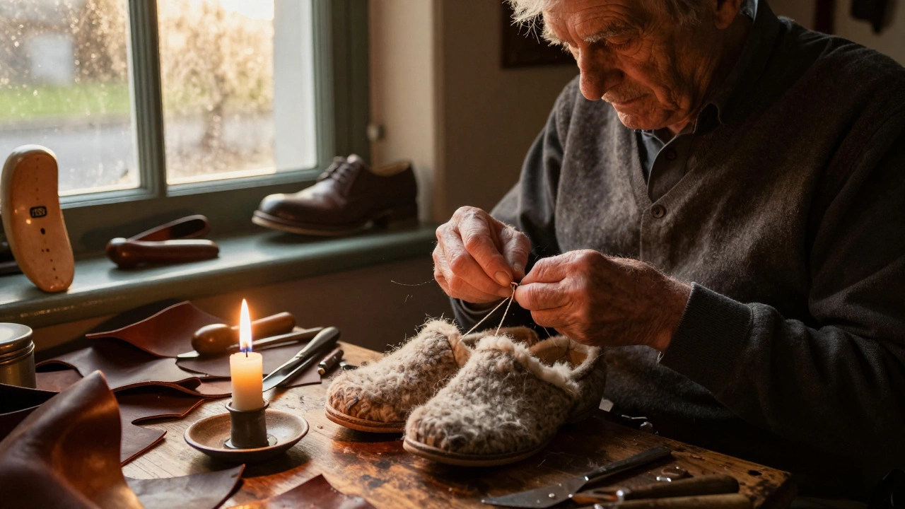 Irish cobbler hand-stitching wool-lined slippers in a warm, candlelit workshop.