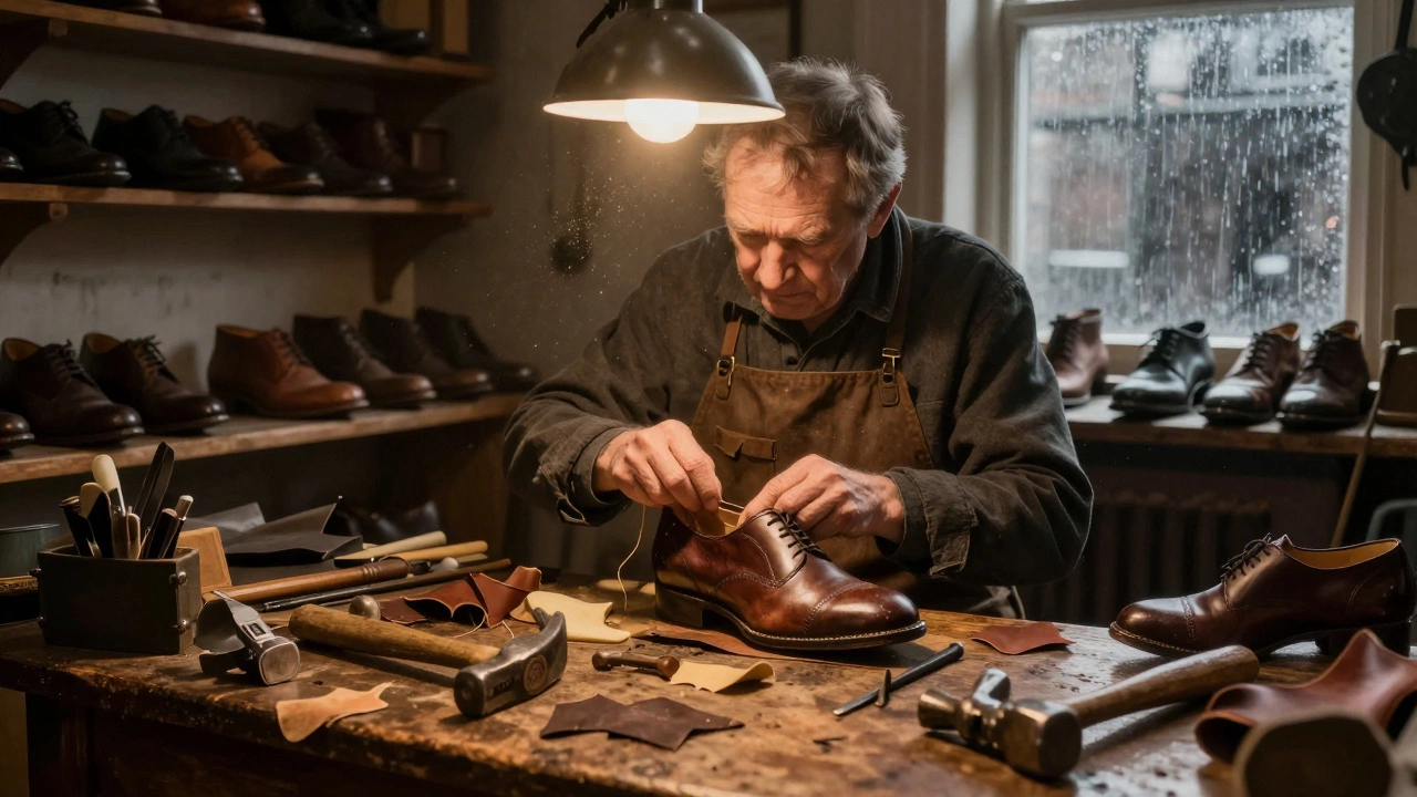 Irish cobbler repairing leather shoes in a warm, cluttered workshop with traditional tools and vintage footwear.