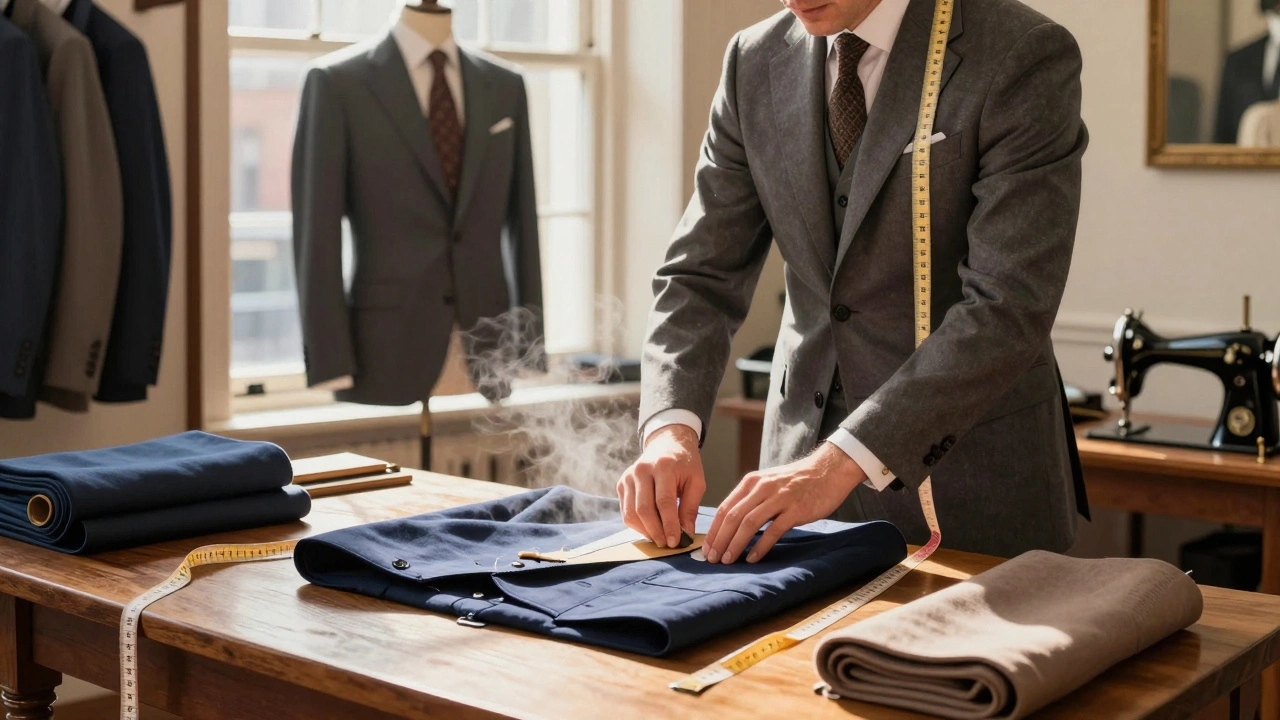 Irish tailor pressing a wool suit with steam, surrounded by fabric bolts and wooden measuring tools.