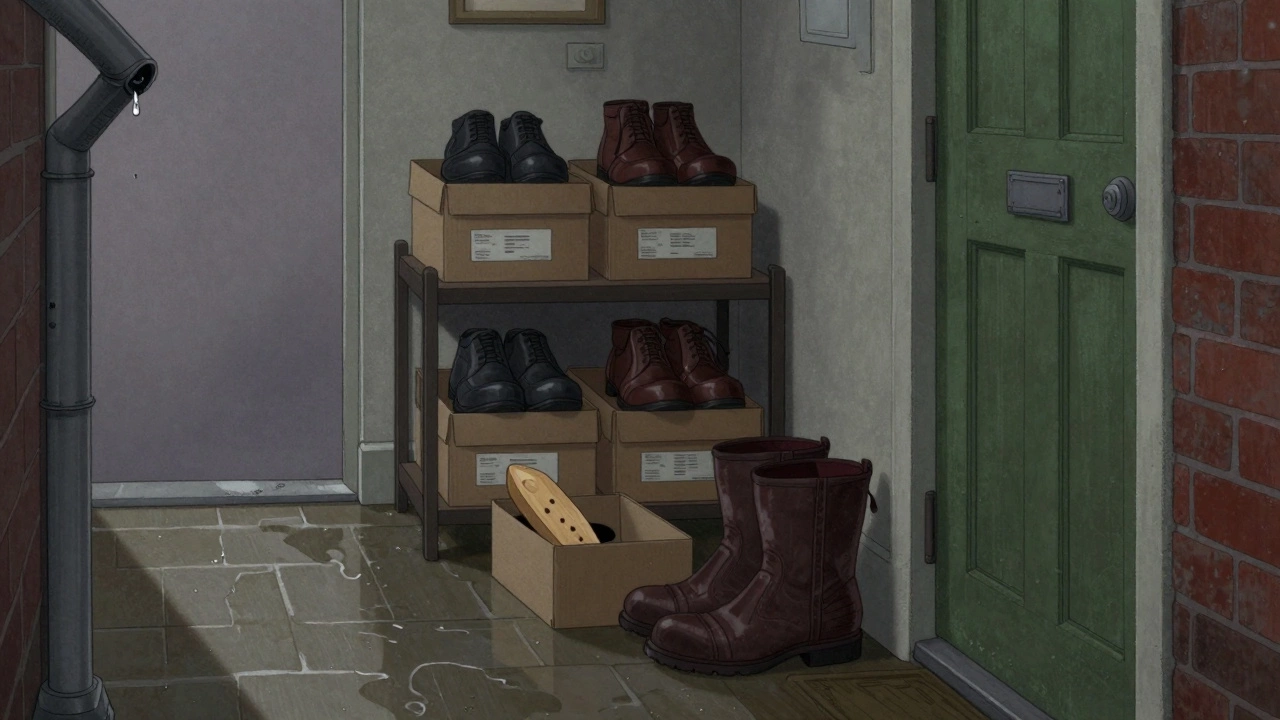 Leather shoes stored in labeled boxes on a high shelf, away from wet boots in a damp Irish hallway.