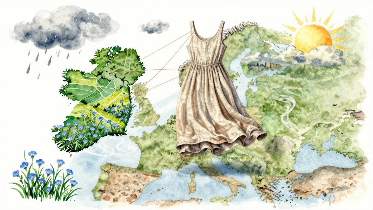 Linen dress floating above Ireland, flax fibers connecting to fields, weather patterns influencing fabric&#039;s moisture state.