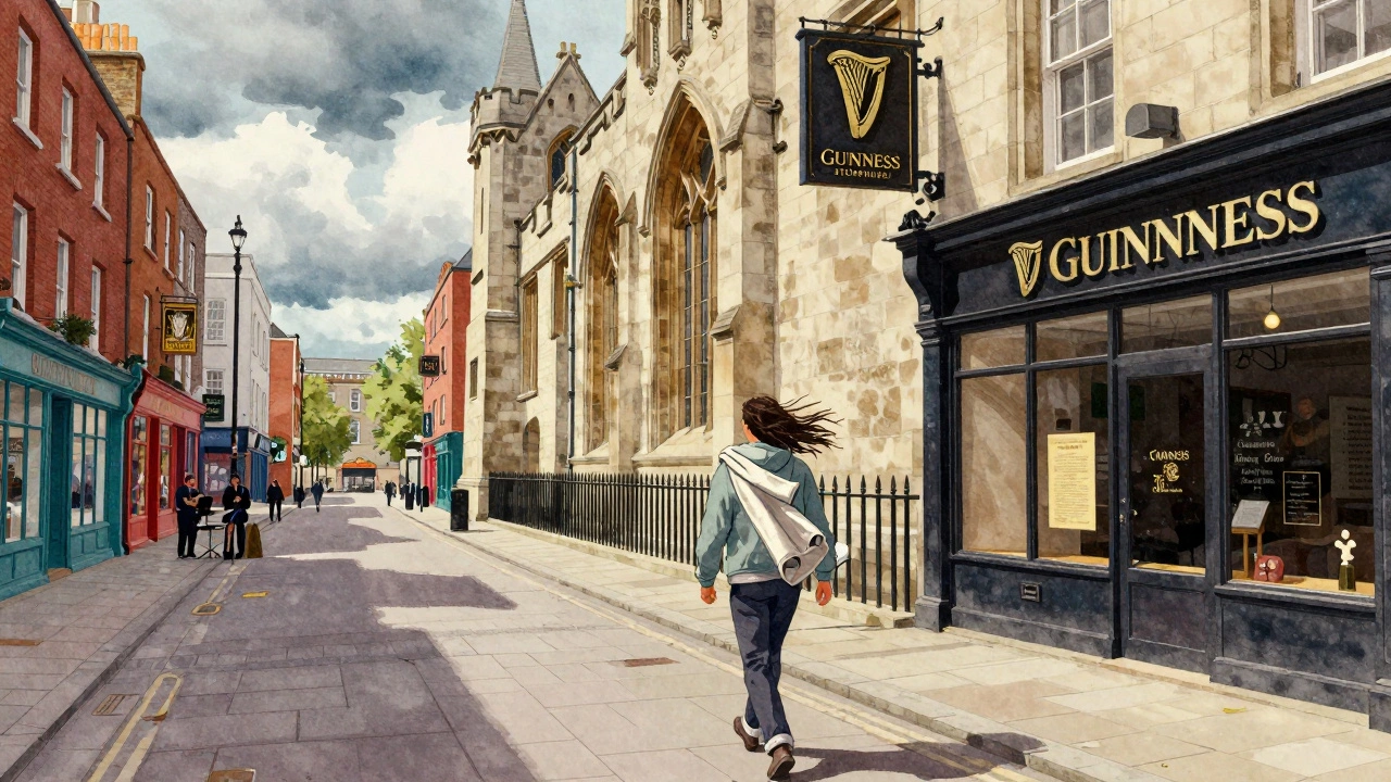 Local walking with hoodie over shoulder between Trinity College and Guinness Storehouse in Dublin.