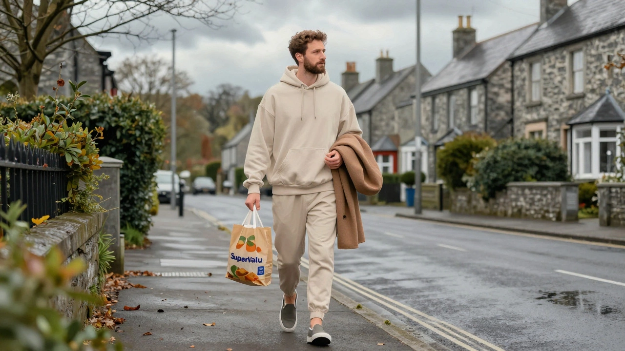 Man walking in Cork in soft athleisure joggers and hoodie with wool coat.