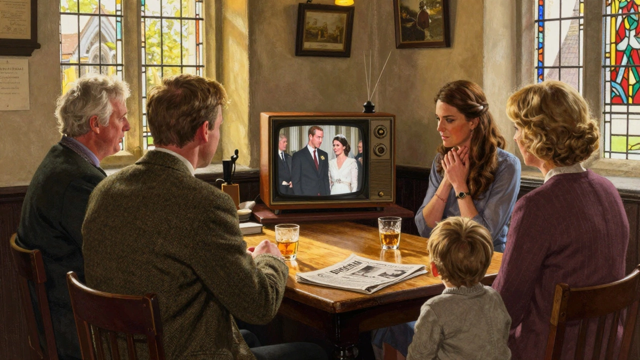 Patrons in a rural Irish pub watching Prince William and Kate’s wedding on television.