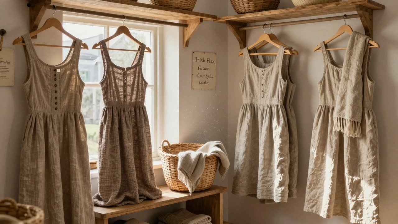 Rustic Irish boutique with linen dresses on wooden hangers, sunlight streaming through window, natural textures visible.
