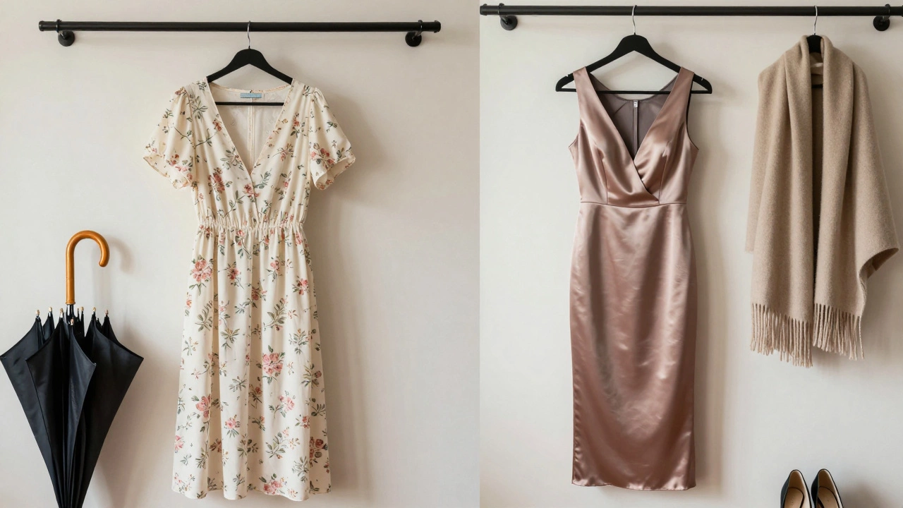 Side-by-side comparison of a casual dress and formal gown with accessories in Irish weather context.