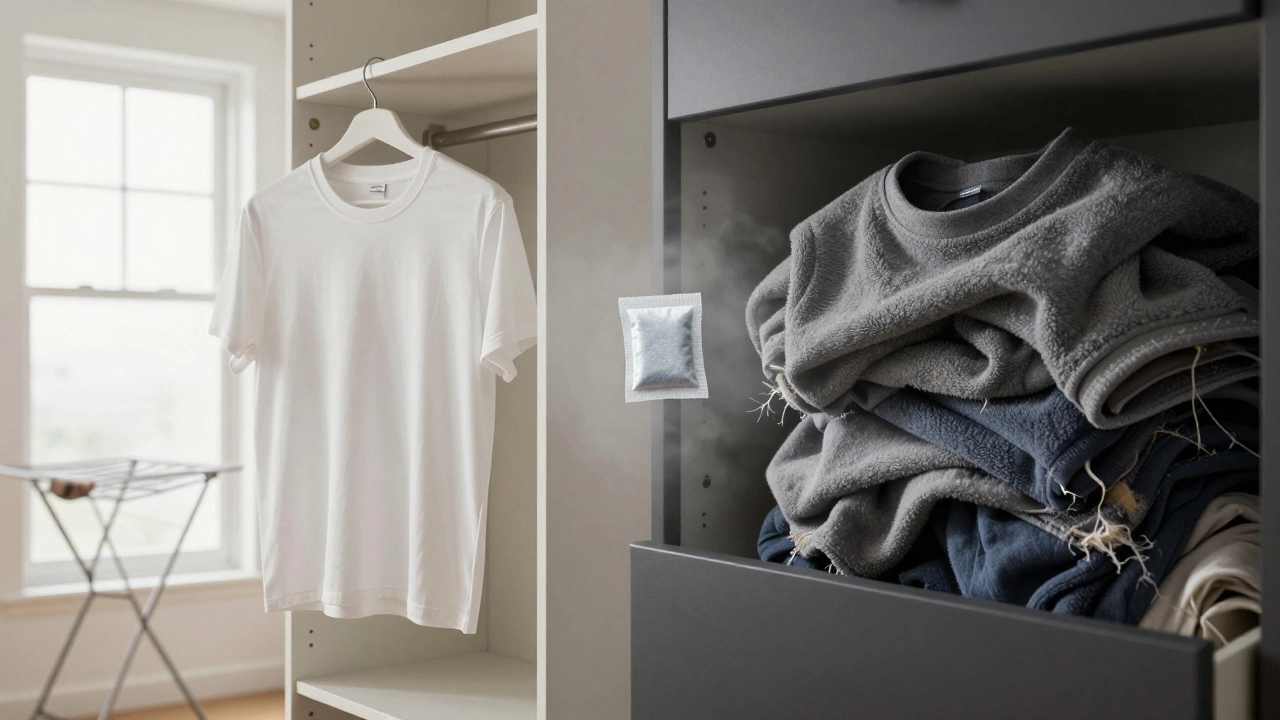 Split image: t-shirt hanging in airy wardrobe vs. folded in dark drawer, separated by humid mist with silica packet.