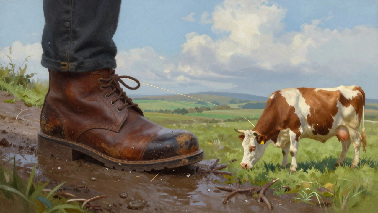 Sturdy Hush Puppies shoe beside a grazing cow, symbolizing ethical leather sourcing in Ireland.
