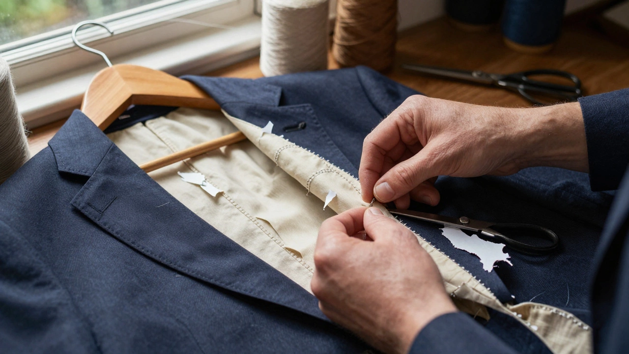 Tailor's hands examining the horsehair canvas inside a suit jacket, contrasting with peeling fused lining.