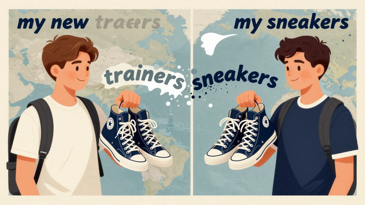 Teenagers in Ireland and the US holding identical shoes, labeled 'trainers' and 'sneakers'.