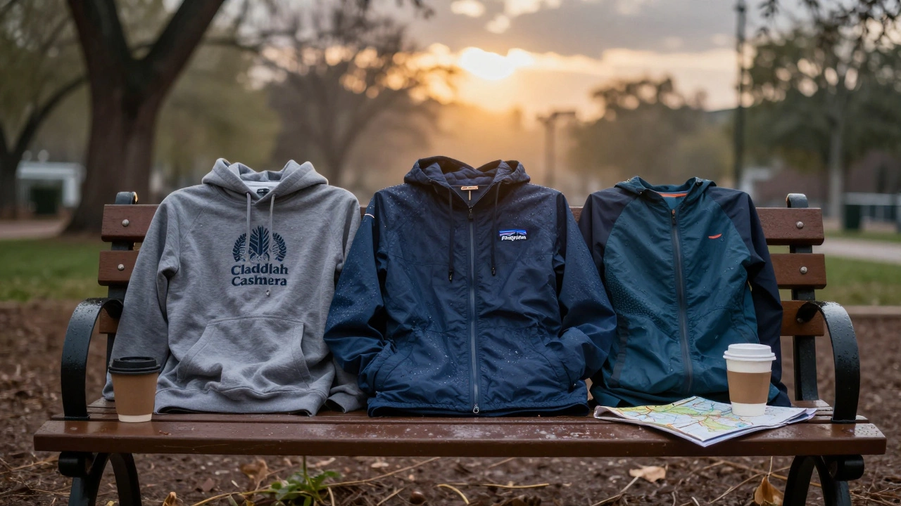 Three different hoodies hanging on a park bench in Phoenix Park at dusk, illuminated by fading sunlight.