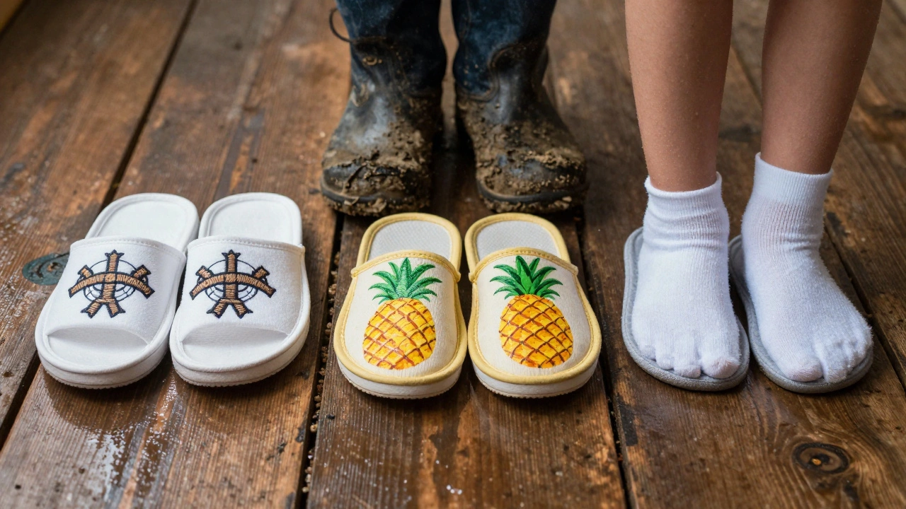 Three Hawaii slippers beside wet items, symbolizing practical comfort in Irish homes.