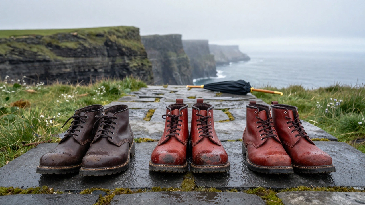 Three iconic Irish leather shoes on a mossy path leading to cliffs, glistening with rain, surrounded by fog.