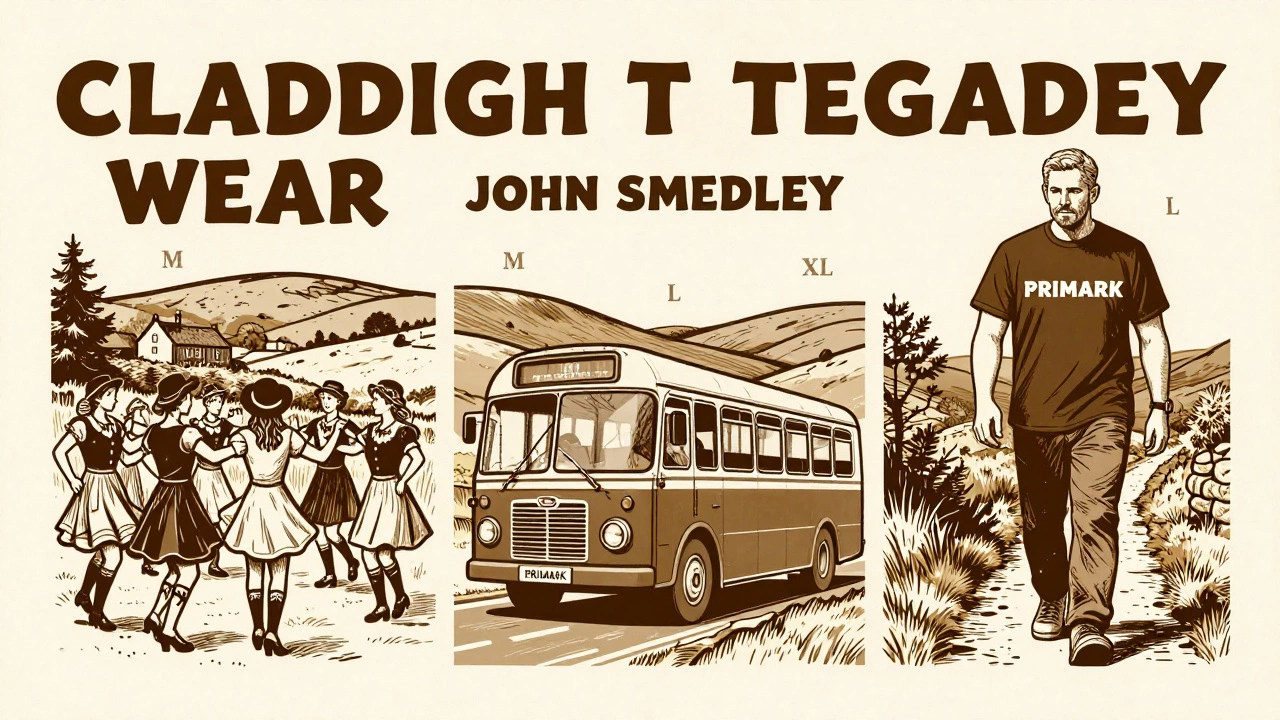 Three Irish t-shirt brands depicted in cultural Irish landscapes with size labels.