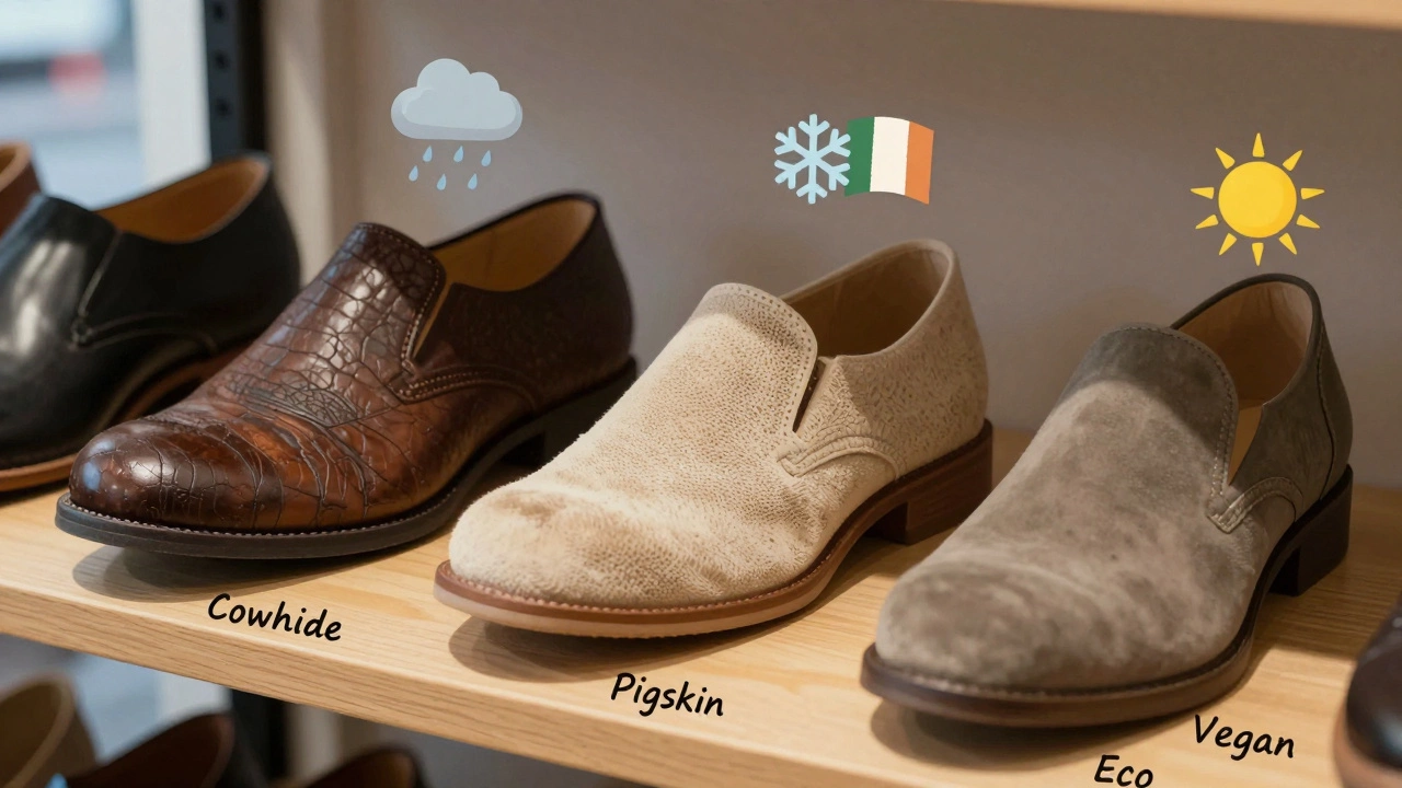 Three shoe types compared: cowhide, pigskin, and vegan, with Irish weather icons beside them.