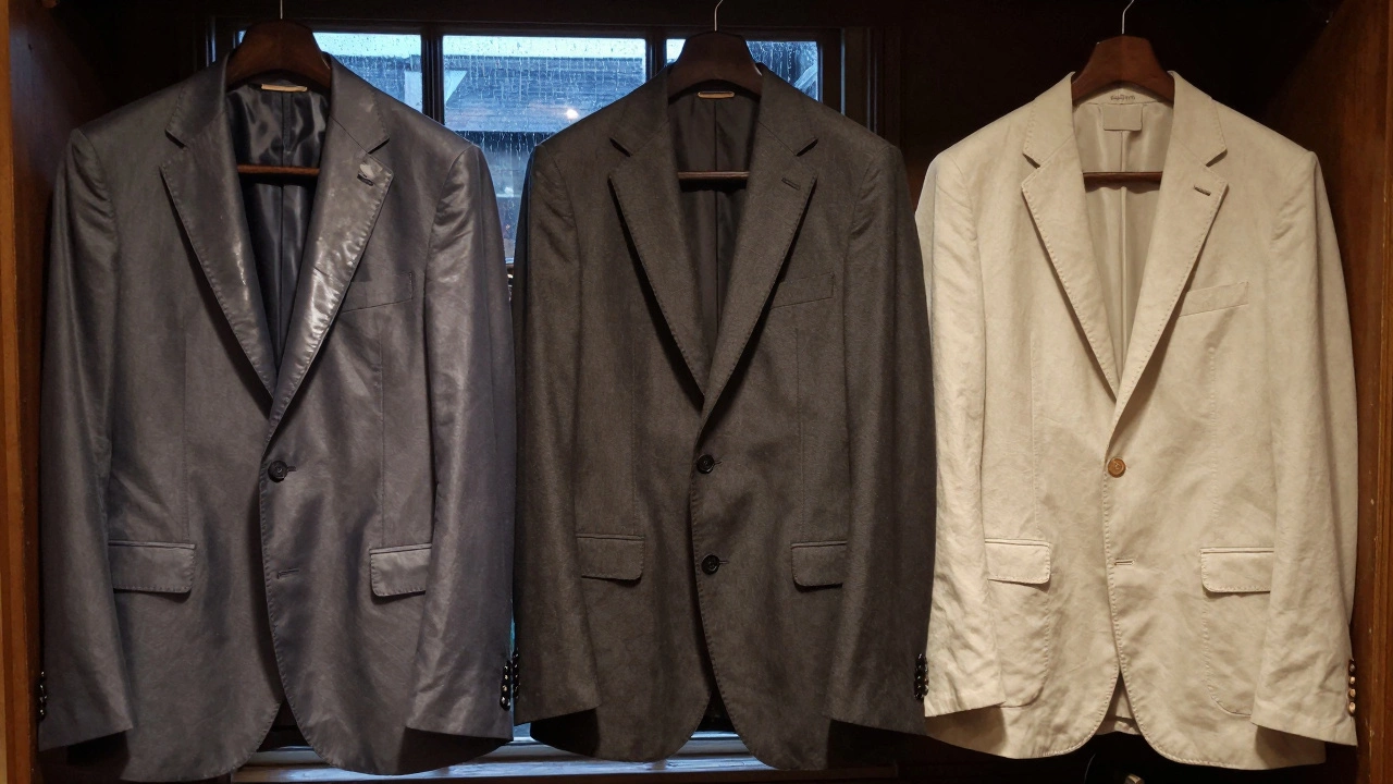 Three suits hanging in a closet, showing the difference between cheap, mid-range, and premium construction.