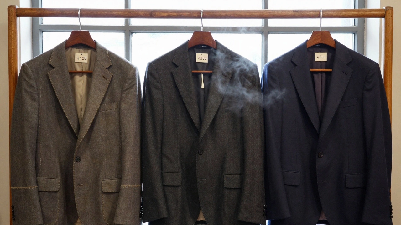 Three suits on a rack in a thrift store, showing varying quality levels from cheap to premium wool, with soft daylight filtering in.