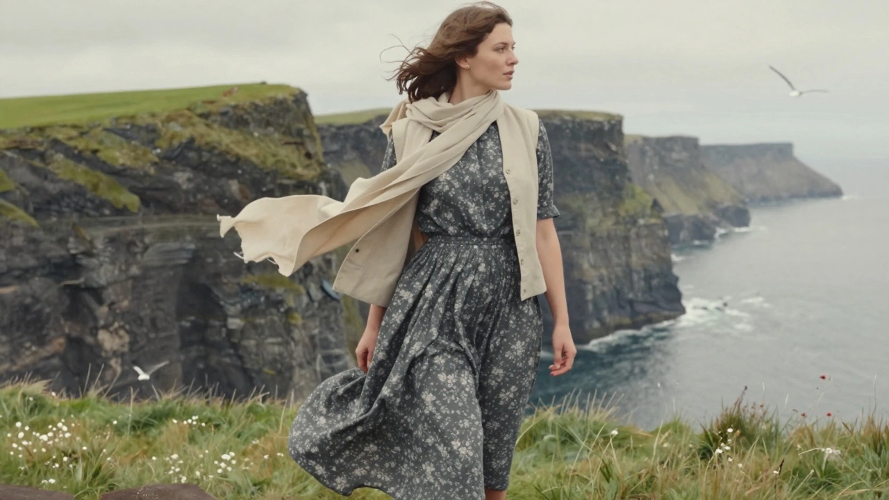 Woman at the Cliffs of Moher in a charcoal A-line dress with floral skirt, layered with a light vest and draped scarf.