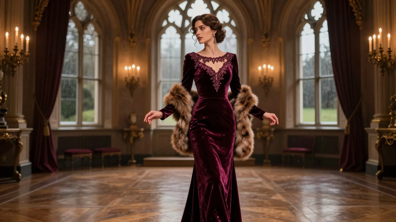 Woman in a velvet evening gown with lace details standing in a candlelit castle ballroom.