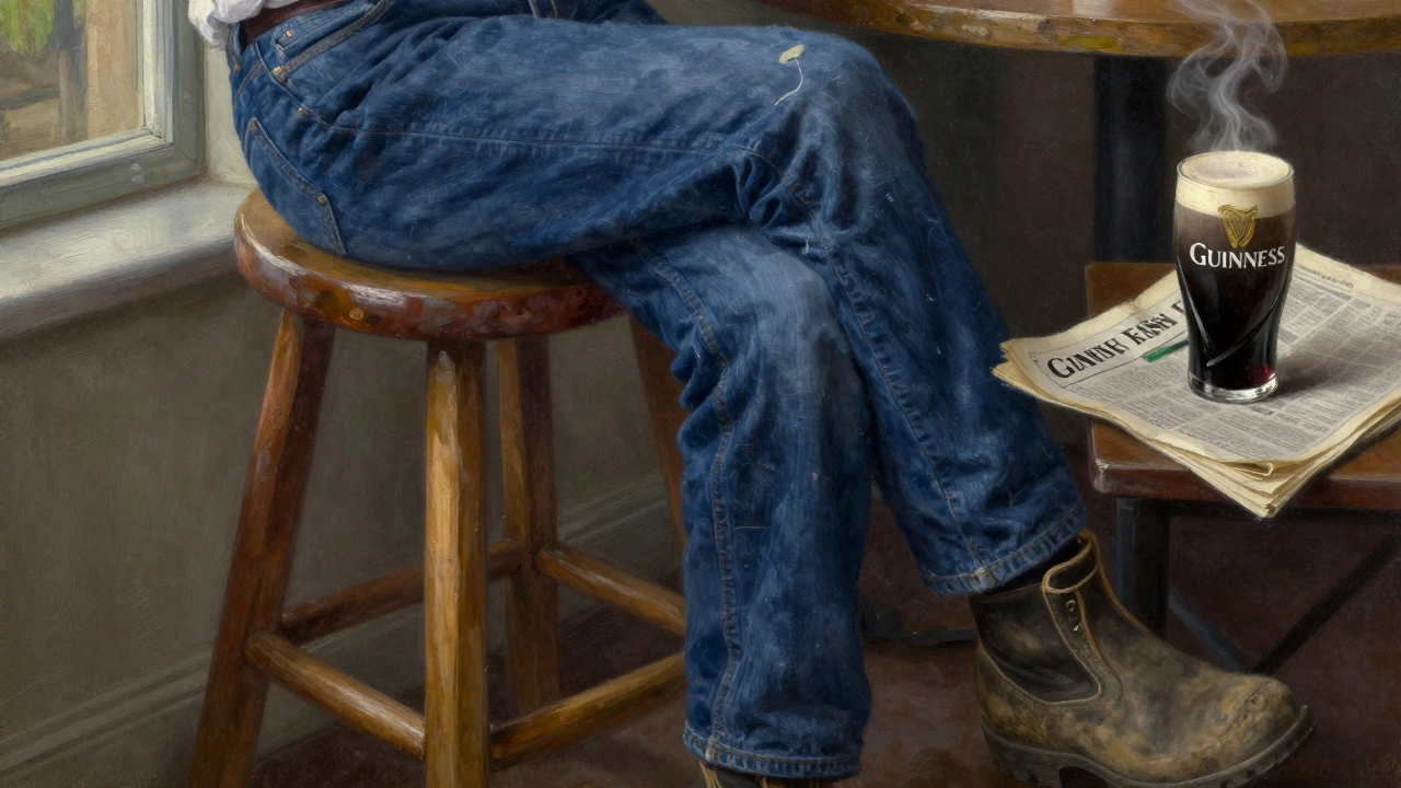 Worn dark blue jeans and muddy boots beside a Guinness cup, soft light highlighting fabric texture.