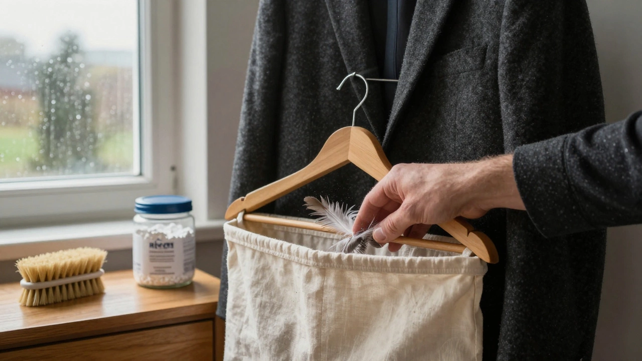 A hand brushes a wool suit hanging on a wooden hanger, with a cotton storage bag and cornstarch nearby.