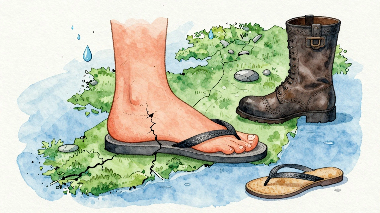 An artistic illustration of an Irish foot as a map, showing strain from flip-flops amid rain and cobblestones.