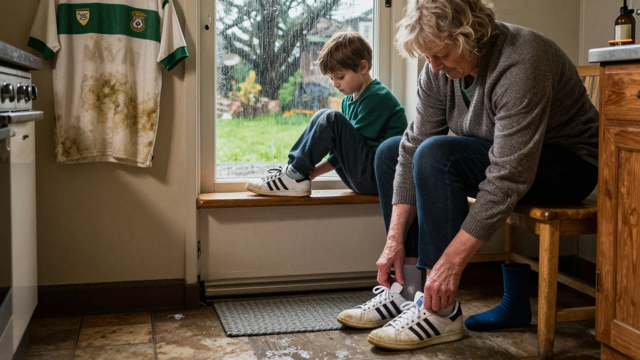 An Irish woman and child putting on trainers by a kitchen door with rain on the window.