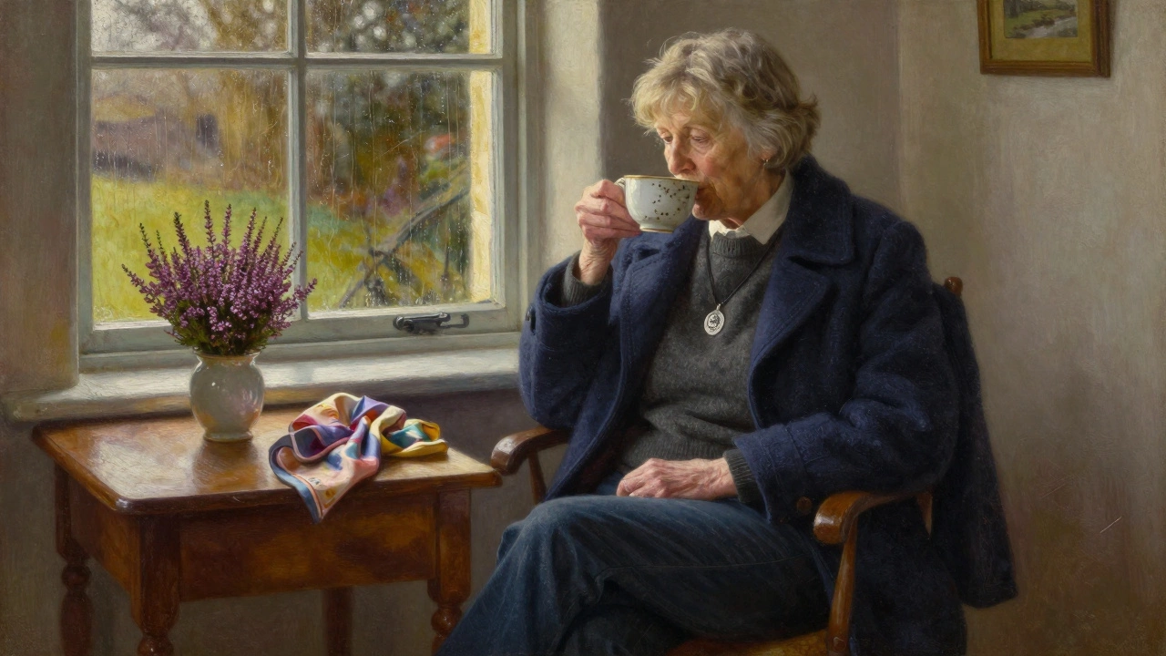 An older woman in a cream sweater and denim sitting by a rainy cottage window, sipping tea with a silk scarf and silver pendant nearby.