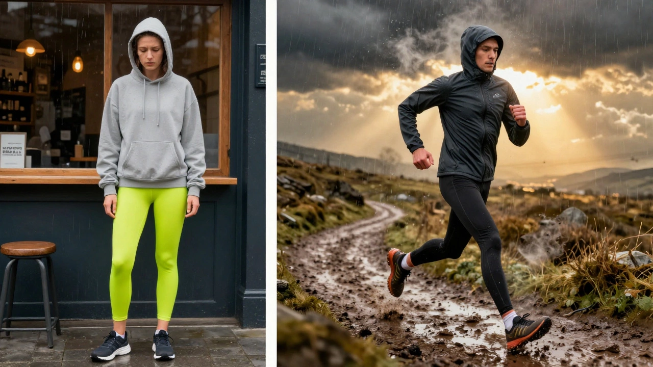Contrasting images of casual sportswear in a café versus technical gear on a muddy Irish trail.